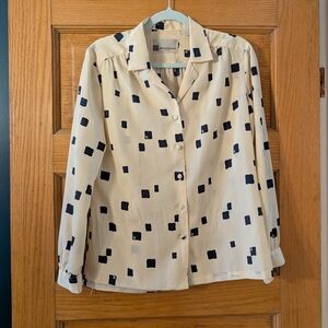Cream and Black Patterned Button-Up Blouse